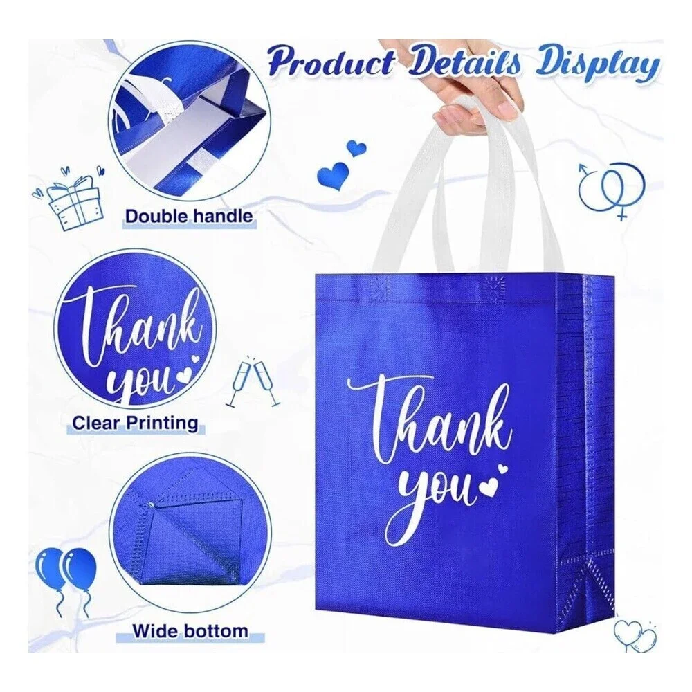 50pack Thank You Gift Bags with Handles Bulk Thank You Royal Blue, 10 x 8 x 4 In